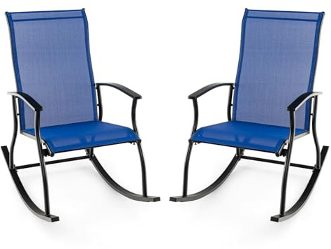 GIANTEX 2er-Set Schaukelstühle für den Garten, Outdoor-Schaukelstühle mit ergonomischer Rückenlehne und atmungsaktivem Sitz, verschleißfestes Gewebe, für Terrasse, Hof, Pool, Blau