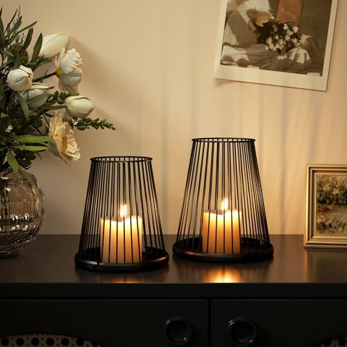 Alsonerbay Kerzenständer Schwarz Kerzenhalter Stumpenkerzen 2er Set, Windlicht 16 * 18cm und 14 * 15.5cm Kerzenleuchter Kerzenständer Adventskranz Metall Tischdeko für Weihnachts Hochzeit Abendessen