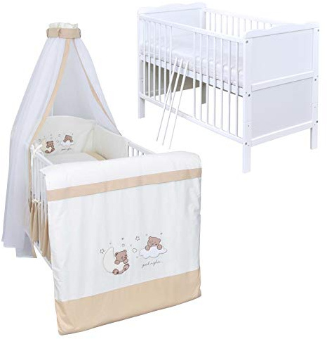 Generisch Baby Delux Babybett Komplett Set Kinderbett 60x120 cm umbaubar zum Juniorbett weiß 10-TLG Max Bettset Matratze Chiffonhimmel (Traumland beige)