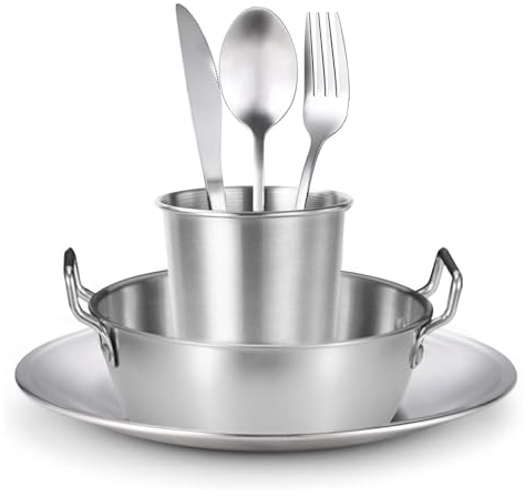 Vaisselle Camping 1 Personne, Assiette Camping Acier Inoxydable, Couverts de Camping avec Sac de Rangement, Bivouac Camping Accessoires, Comprend Couteau, Fourchette, cuillère, Assiette, Bol et Tasse