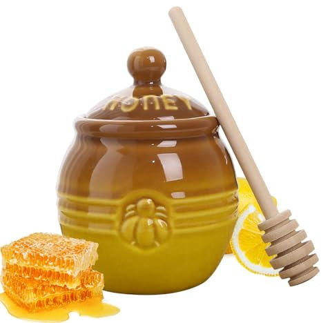 Tarros de miel con cuchara, tarros de miel pequeños con cubierta de sellado, dispensador de mesa de miel, decoración de abeja, contenedor de miel retro con de madera para almacenamiento de cocina