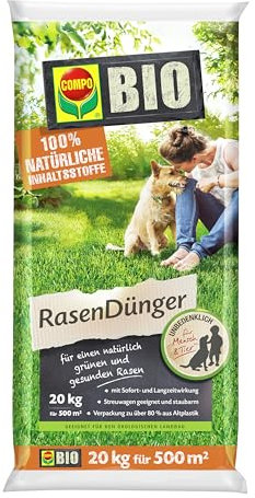 BIO Rasendünger, Naturdünger für Rasen, Natürliche Sofort- und Langzeitwirkung, Feingranulat, 20 kg, 500 m² 20kg