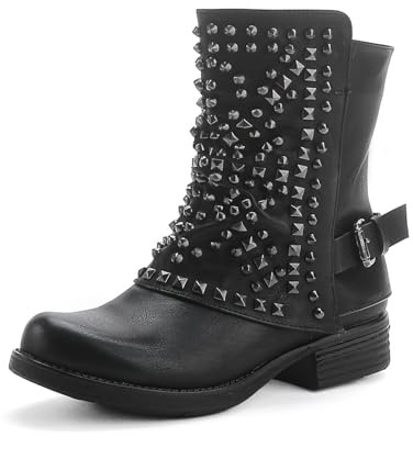 Pogolino Stivaletti da donna con borchie, stivali biker con cerniera, piatti e comodi ST016, 41 EU