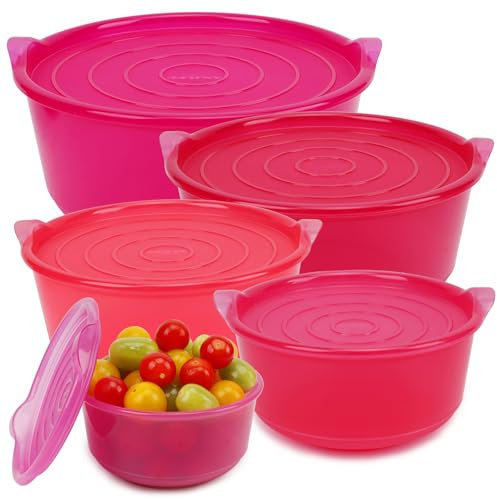 ANJUKE Rührschüssel Set 5er mit Deckel (0,7L+1,35L+2,6L+3,5L+4,4L) | Salatschüssel & Backschüsseln aus BPA-freiem Kunststoff | stapelbar & nestbar | spülmaschinenfest | Lila-rosa Verlauf