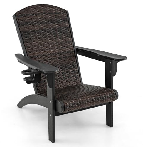 GYMAX Silla Adirondack, Silla de Jardín de HDPE con Asiento de Espuma de Secado Rápido y Respaldo Inclinado, Sillón de Relajación para Exteriores de Ratán PE con Portavasos (Negro)