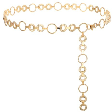 WHIPPY Damen Kettengürtel Verstellbare O-Ring Taillenkette Mode Taillengürtel für Kleider Jeans, Gold, 110cm