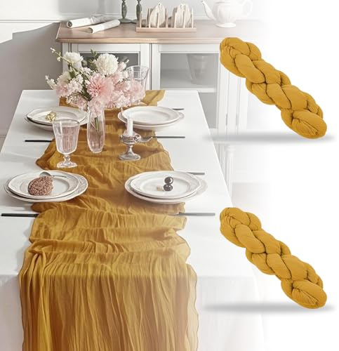 Käsetuch Tischläufer, 2 Stück Seihtuch Tischläufer, 90x300cm | Musselin Tischläufer für Hochzeit Dekoration Geburtstagsparty(Senfgelb)