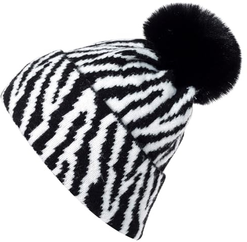 styleBREAKER Damen Bommelmütze Strick mit Zebra Muster | warme Strickmütze mit Kunstfell Pompon | elastische Winter Beanie Pudelmütze Viskose