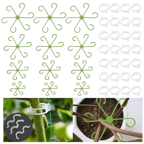 NBEADS Paquete de 10 soportes de plástico para plantas, incluye 40 soportes para tallos de plantas de 4 tamaños, 50 clips de soporte para plantas de flores, accesorios de crecimiento en interiores y