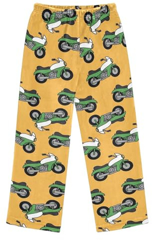 WIFIU Motorbike Yellow Background Plush Pajamas Pants Long Sleep PJ Bottoms, Soft Elastic Waist Sleepwear Lounge Pant with Pockets for 13-14 Years