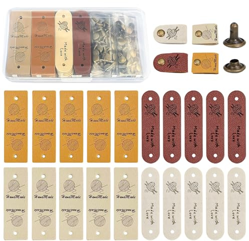 CATELL 20 Pezzi Etichette Handmade 8, 4 Colori Etichette Personalizzate Etichette Da Cucire Con Buchi Etichette In Pelle per Vestiti Uncinetto DIY Tessuti Abbigliamento Cappelli Borse