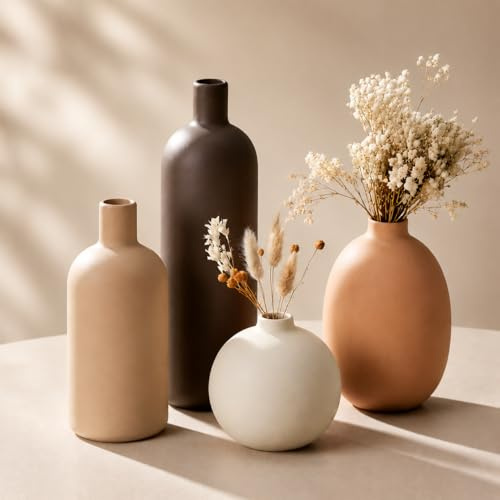 OFFASST Juego de Jarrones de Cerámica 4 Piezas | Jarrón Decorativo Iconico para Pampas y Flores Secas | Decoración de Mesa Moderna en Beige y Marrón | Jarrón Alto Escandinavo Boho Neutral para Salón