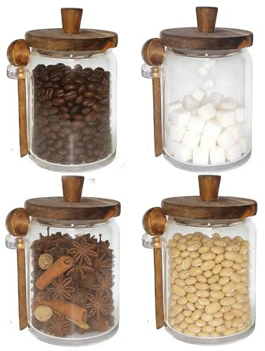 BOJVESH Set of 4 Glass Jars Containers with Spoons, Clear Canister Jars Set with Handles Lids and Scoop, 20.3oz Glass Kitchen Canisters for Coffee, Tea, Cereal, Spice