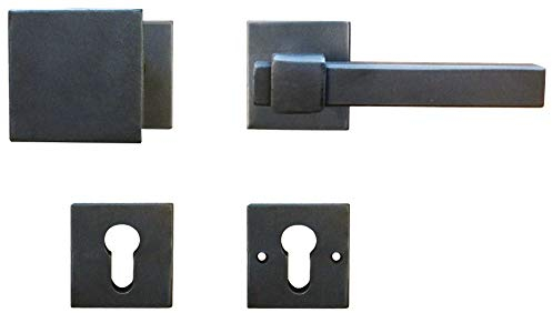 Sicherheitsbeschlag Tür Wechselgarnitur eckig Haustür-Beschlag ANTIK Türbeschlag schwarz RECHTS - LINZ | PZ - Profilzylinder | Knopf - Drücker | 1 Türgarnitur Landhaus-Stil inkl. Befestigungsmaterial