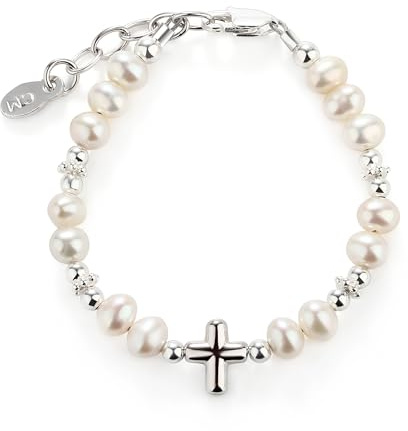 Cherished Moments Girls 925 Sterling Silver Baptism Cross Bracelet for Baby Girls with Simulated Pearls for Christening or Dedication Gift (MED)
