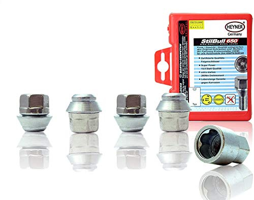 Heyner StilBull Radmuttern, für M12 x 1,5, 60 Grad-Sitztyp, Entriegelungsbügel, mit Diebstahlschutz, 4 Stück