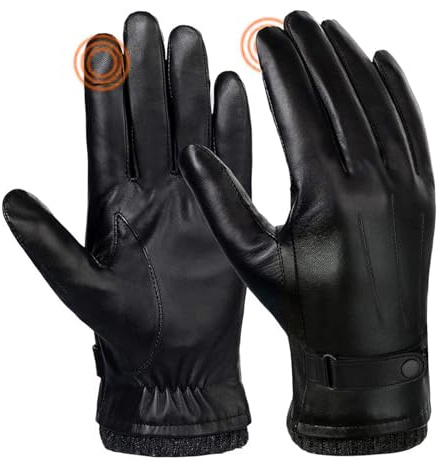 SANKUU Schwarze Lederhandschuhe für Herren, Winter, warm, Touchscreen, Fahrradhandschuhe, Outdoor, Reiten, warmes Innenfutter, wasserdichte Handschuhe
