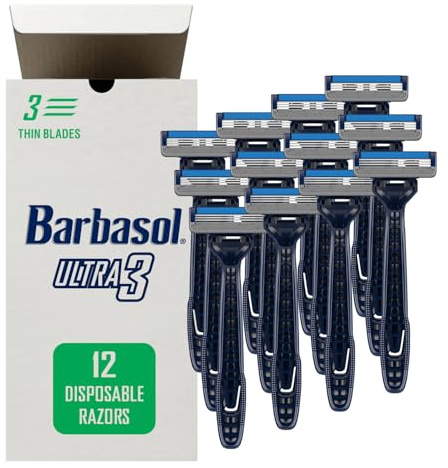 Barbasol Ultra 3 Value Pack | Premium 3 Blade Disposable Razors | Disposable Shaving Razor Bundle | Close Shave Technology, Pivoting Head, Open Flow Blades (3 Packs/12 Total Razors)