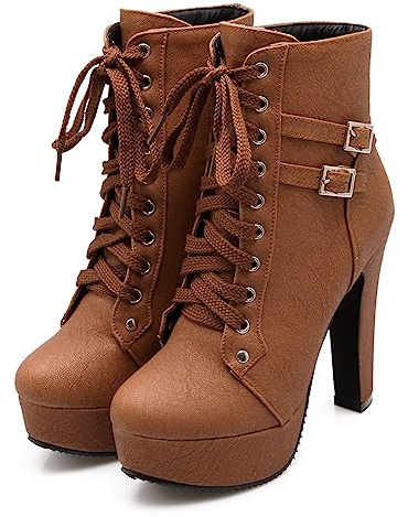 Bellirala Womens Platform Lace Up Biker Boots Chunky High Heel Booties Buckle(brown,US Size 8)