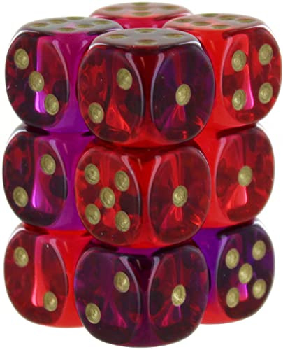 Chessex Dice Set - 16mm Gemini: Translucent Red-Violet/Gold Dice Block - Dungeons and Dragons D & D DND TTRPG Dice - Includes 12 Dice - D6