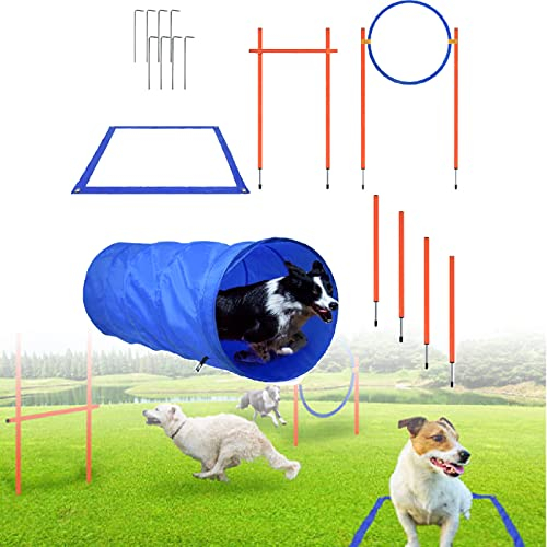 LARS360 Agility-Ausrüstungsset für Hunde Pet Agility Trainingsgeräten Hindernisse mit Hundetunnel Sprungring Stangen Hürdenstange Höhenverstellbar Hürdenset