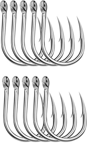Lot de 10 hameçons de pêche en acier inoxydable, hameçons pointus solides avec ardillons, hameçons de pêche de 20 à 79,8 kg, hameçons extra tranchants pour eau douce/eau de mer (7/0#)