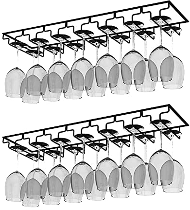 AcornFort W-605 2 Packs 7 Slots 14 Cups Metal Black Under Cabinet Hanging Wine Champagne Glass Goblets Stemware Rack Holder