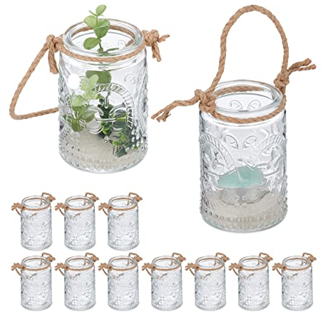 Relaxdays Candle Lanterns, Set of 12, Glass, with Handle, Indoors & Outdoors, Tealight Holders, 10.5 x 7 cm, Clear/Brown
