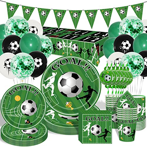 GOLDNICE Set di Stoviglie da Calcio per Feste di Compleanno Ragazzo Ragazza Bambini, Decorazione da Calcio Feste di Compleanno Baby Shower, Tovaglioli, Cannucce di Carta, Bicchieri, 20 Ospiti