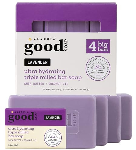 Alaffia Good Soap Lavender (4 Bars) + Trial-Size Herbal Bar – Long-Lasting, Triple-Milled with Fair Trade Shea Butter