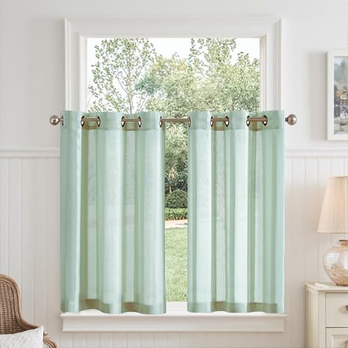TOPICK Tende in voile con occhielli, trasparenti, stile rustico, a righe, per cucina, bagno, piccole finestre, 90 x 60 cm (larghezza x altezza), set da 2 pezzi