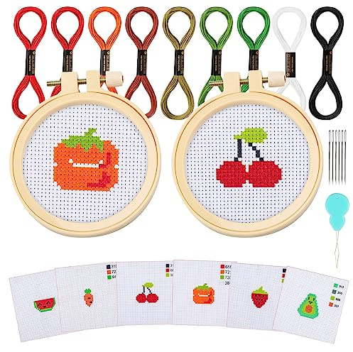 Ysimple Stickset Kreuzstich Set, 6 Muster mit Stickrahmen für Anfänger | Komplettes Stickerei Set mit 6 Kreuzstichmustern und 2 Stickrahmen, für Erwachsene Anfänger und DIY Handarbeit, Obst