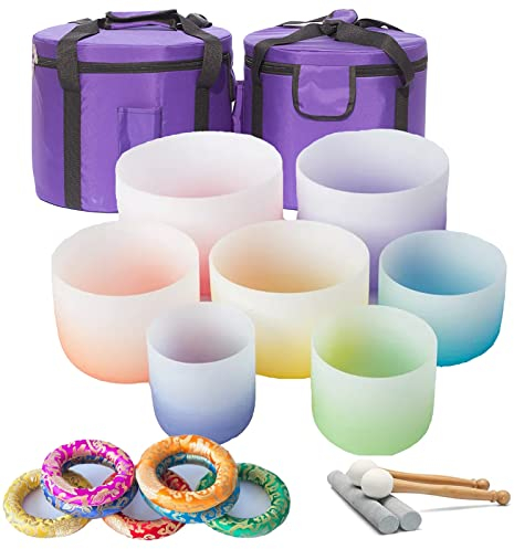 GIUIOY Cuencos cantores Juego de Chakras de 7 432/440hz Cristal de Cuarzo de 7 Colores con Estuches de Transporte Resistentes y mazos y cojín de Brocado de Seda (Size : 432 hz 6-12inch 7pcs)