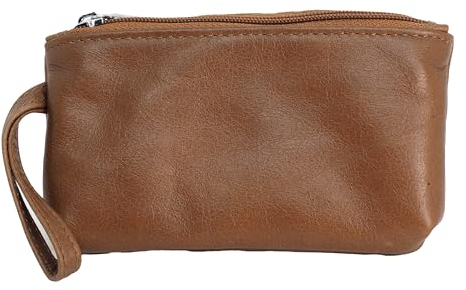 BAWAKO Kleingeldbörse aus echt Leder mit Zwei Reißverschlussfächer, Portemonnaie für Kleingeld Münze Karte (Hellbraun)