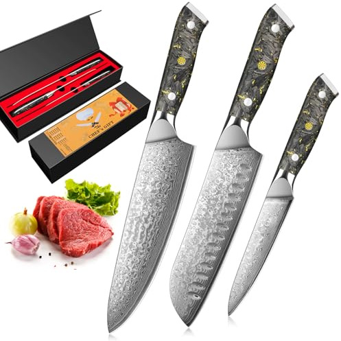 Home Safety 3er Damast Messerset - Damast Küchenmesser Set mit 12.4-20 cm Klinge - Damastmesser Set aus Kochmesser, Santokumesser und Obstmesser - Gemüsemesser Set 67 Lagen VG-10 Damaststahl