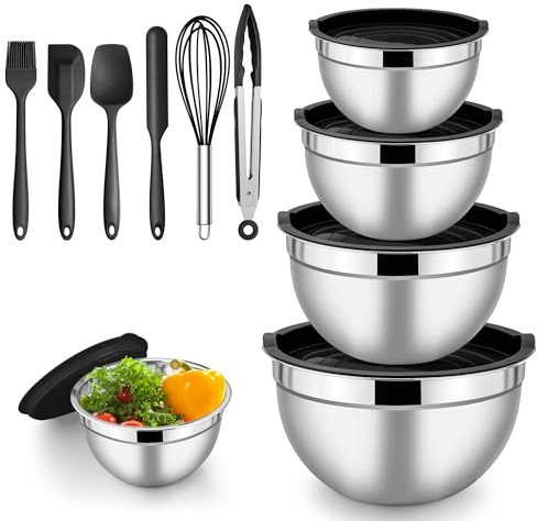 Herogo Ciotola con coperchio, in acciaio inox, set da 5 pezzi, dimensioni 4,5 l, 2,7 l, 1,5 l, 1,2 l, 0,7 l, impilabile, per cucina, mescolare e servire, include accessori per la cottura, lavabile in