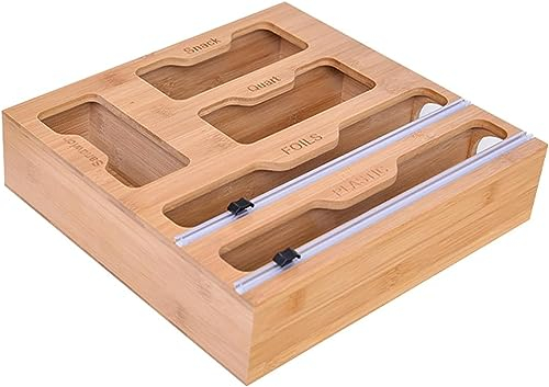 QCHIAN Bambus-Druckverschlussbeutel-Organizer, 5-in-1-Kunststoff-Folienspender mit Cutter, Küchenschublade, Holz-Druckverschluss-Lebensmittelbeutel-Aufbewahrungsorganisator for Gallonen, Slider Quart