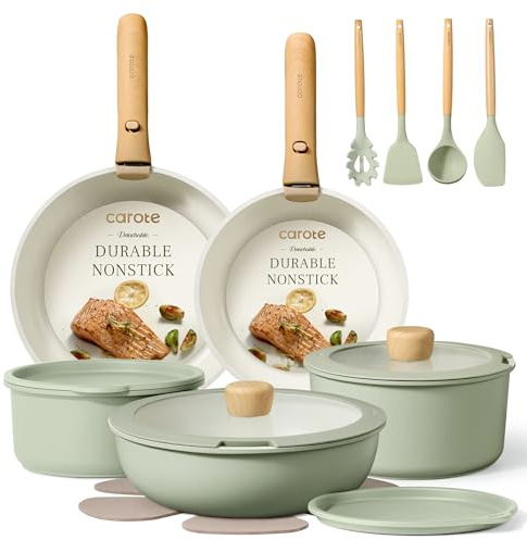 CAROTE Pots and Pans Set, Nonstick Cookware Set Detachable Handle, 15pcs Induction Kitchen Cookware Sets Non Stick with Removable Handle, RV Cookware Set, Oven Safe, Sage Green