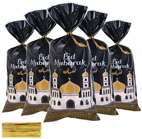 100 Stk Eid Mubarak Partytüten, Ramadan Geschenktüten, Eid Mubarak Party Favor Taschen mit 100 Golden Twist Krawatten, Moschee Cellophan Plastik Geschenktasche für Party Deko (Schwarz)