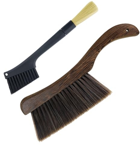 Realand 2 Pcs Coffee Grinder Brush and Hand Broom, Removable Dusting Espresso Machine Cleaning Brush Barista Tools, Heavy Duty Wood Dust Broom Bench Brush for Counter