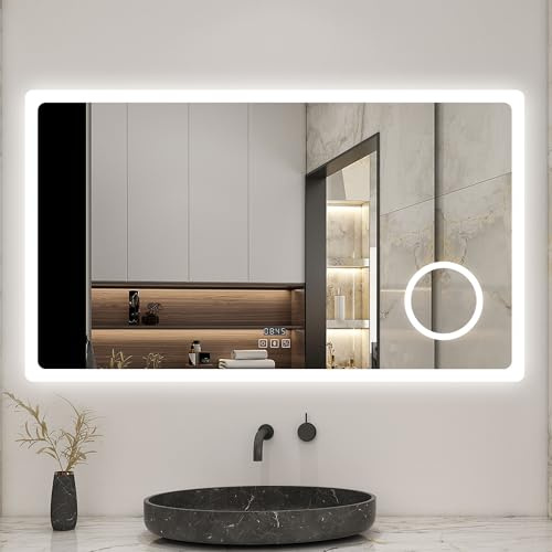 Biubiubath LED Wandspiegel 140x80cm Touchschalter Beschlagfrei Badspiegel mit Beleuchtung Bluetooth Uhr 3X Schminkspiegel 3 Lichtfarbe 3000-6500K Dimmbar IP44