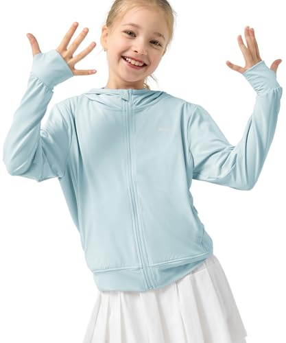 Rolanko Girls Summer Jacket with Thumbholes Long Sleeve Sun Protection Quick Dry Zipper Hoodie Kids Rash Guard Tops