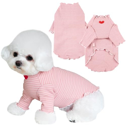 Yaopelky Hunde-Shirt für kleine mittelgroße Hunde, gestreiftes T-Shirt mit Herzstickerei, dehnbar, Rüschen, Hundekleidung für Chihuahua, Schnauzer, Yorkie, Shih Tzu (Rosa, S)