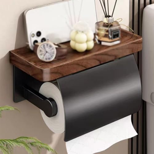 Toilettenpapierhalter Ablage Holz Eiche Schwarz Matt Metall Pulverbeschichtet Handy Klorollenhalter Bad WC Papierhalter Halter Spender Brett Montage Massiv