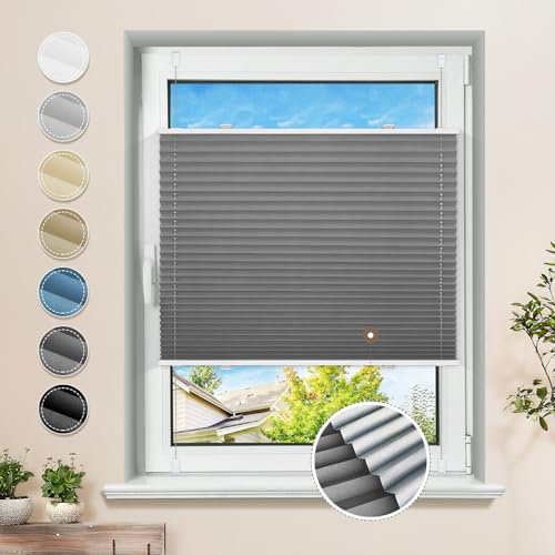 Plissee ohne Bohren Verdunkelung Klemmfix Grau 90x210cm Thermo Plissees 100% Verdunklung Rollos für Fenster & Tür Verdunklungsplissee ohne Bohren Sichtschutz und Sonnenschutz