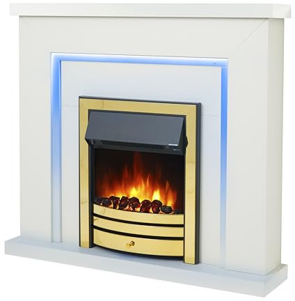 Endeavour Fires Bempton 42 Electric Fireplace Suite with Flame Effect & Coal Bed, Remote Control, Custom Surround, 13-Colour LED Lighting, Eco Heater, White Top/White Hearth/Brass Fire