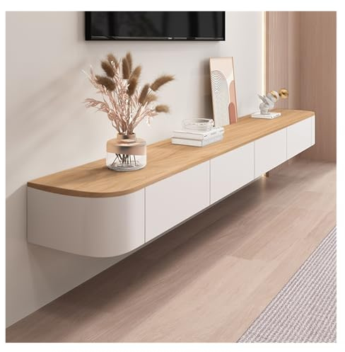 Btsunotr Schwebender TV-Schrank - Wandmontierte Home Storage Cabinet Mit Türen, Entertainment Media Console, Massivholz, Modernes Wohnzimmer, Runder Eck-TV-Schrank (White+Wood, 180cm)