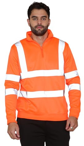 Generation-Plus+® Hi Viz High Visibility Long Sleeve Quarter Zip Sweatshirt - Men's Reflective Tape Safety Hi Vis Fleece Jumper Workwear Sweater Tops Plus Size S-XXL