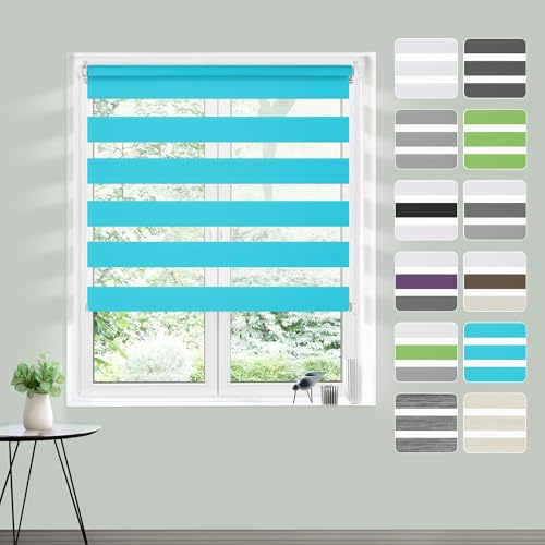 Doppelrollo Klemmfix ohne Bohren 100x120cm(BxH), Rollos für Fenster ohne Bohren Türkis, Duo Rollo Klemmrollo, Lichtdurchlässig & Sichtschutz,Fenster Rollos für Innen