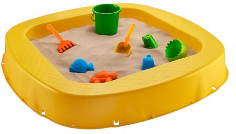 BURI Bac à sable en plastique de qualité supérieure - 150 x 150 x 20 cm - Jaune - Fabriqué en Allemagne - Bac à sable robuste pour le jardin - Jouet pour enfants à creuser avec du sable ou du gravier